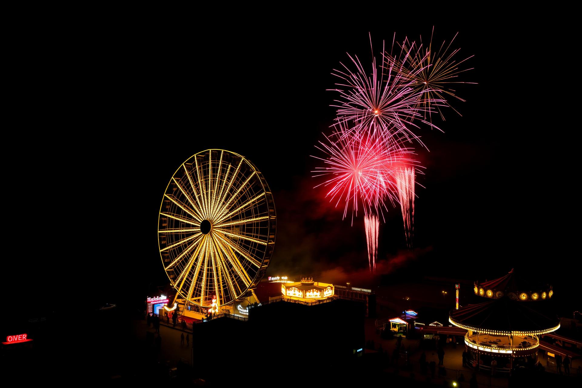 Cole's Family Funfair at night, ferris wheel illuminated against fireworks